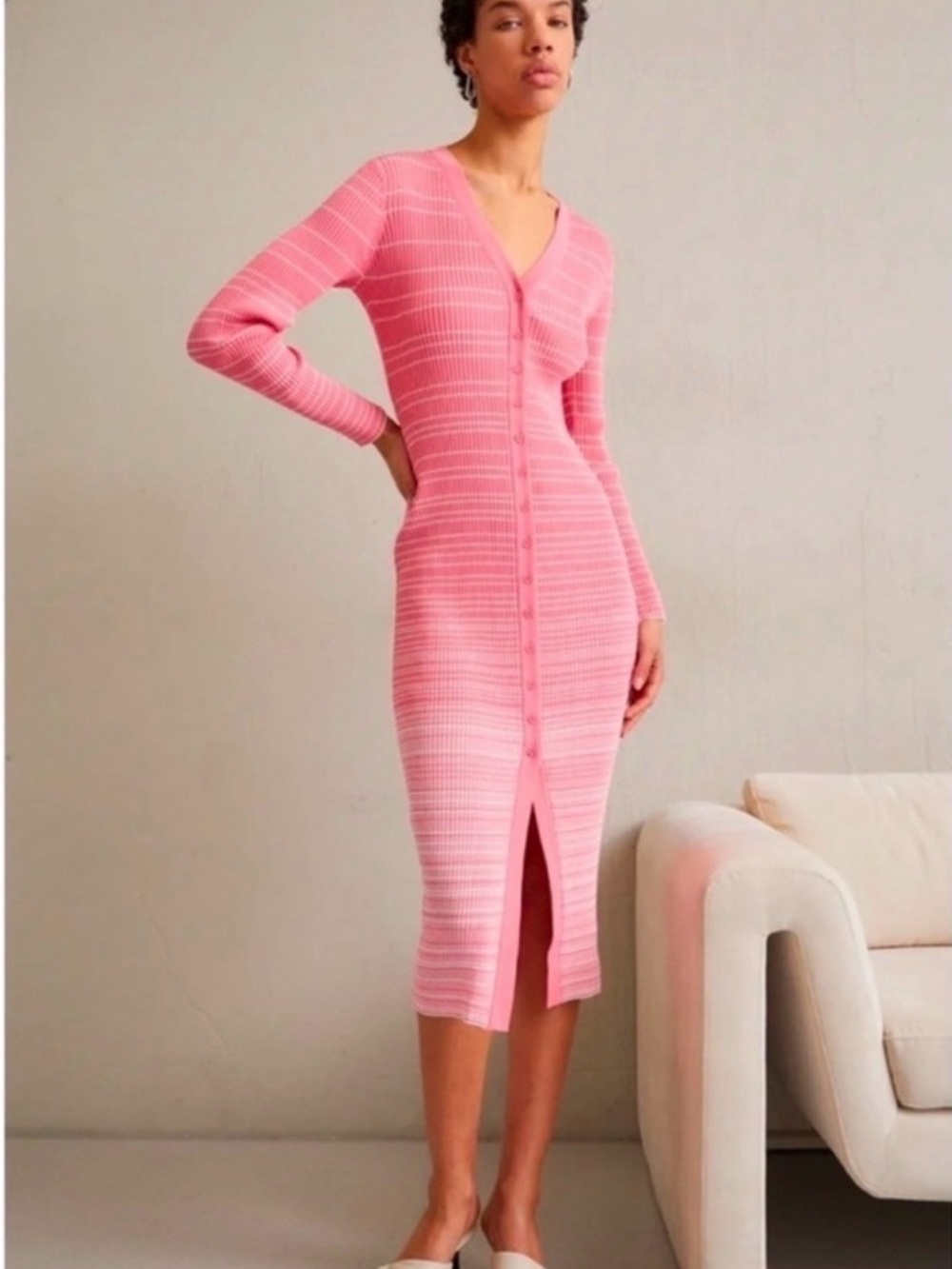 STAUD Pink Shoko sweater Ribbed Knit Midi Dress